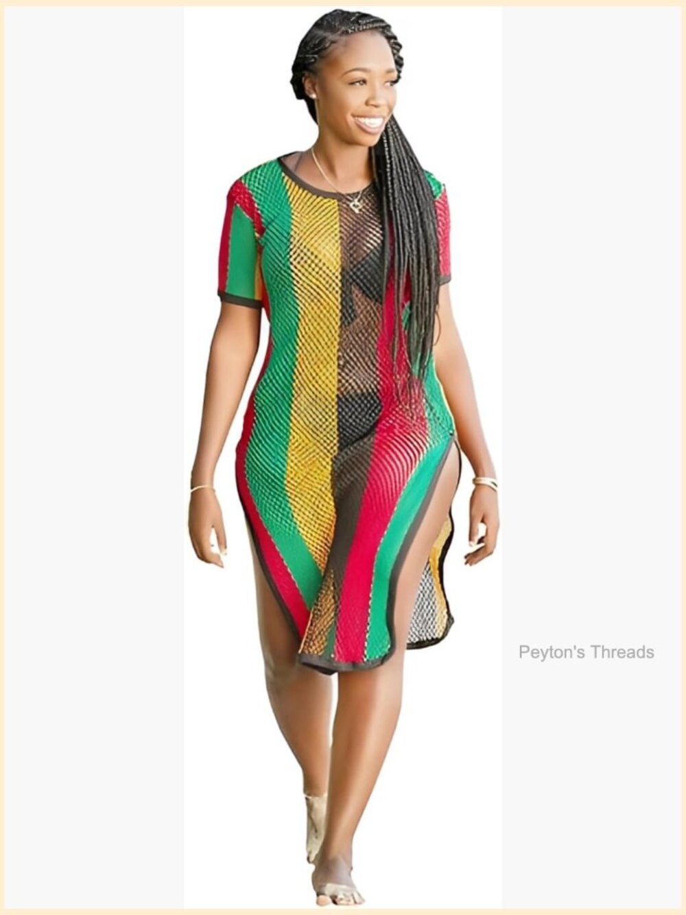 Rasta Multicolour Work Dress Side Slit Ladies String mesh Fishnet Midi